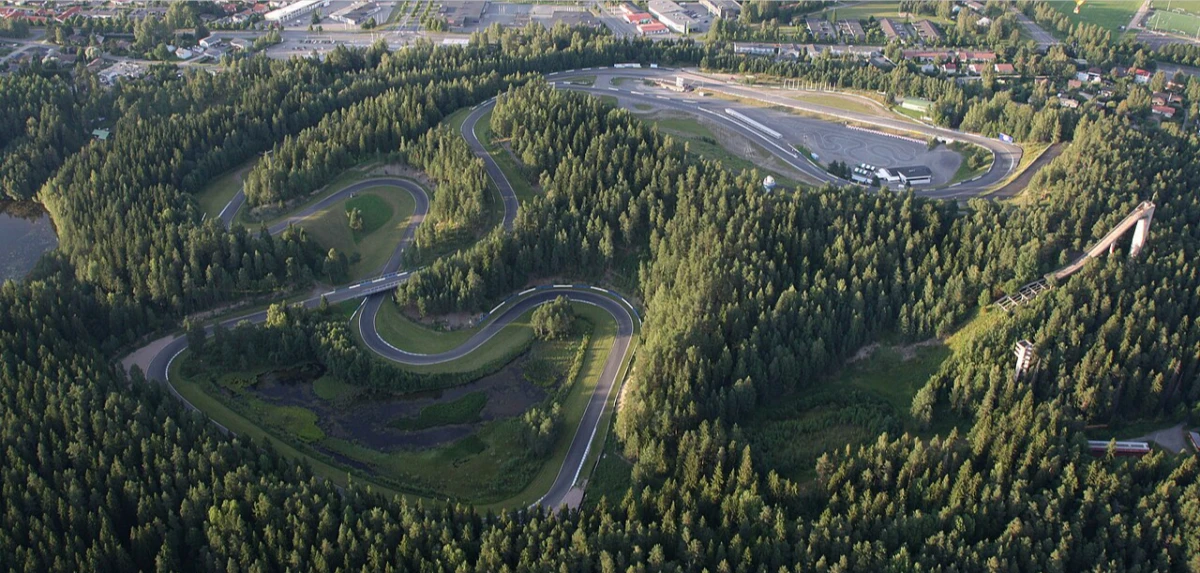 Ahvenisto Race Circuit in Finland — aerial view from a hot air balloon