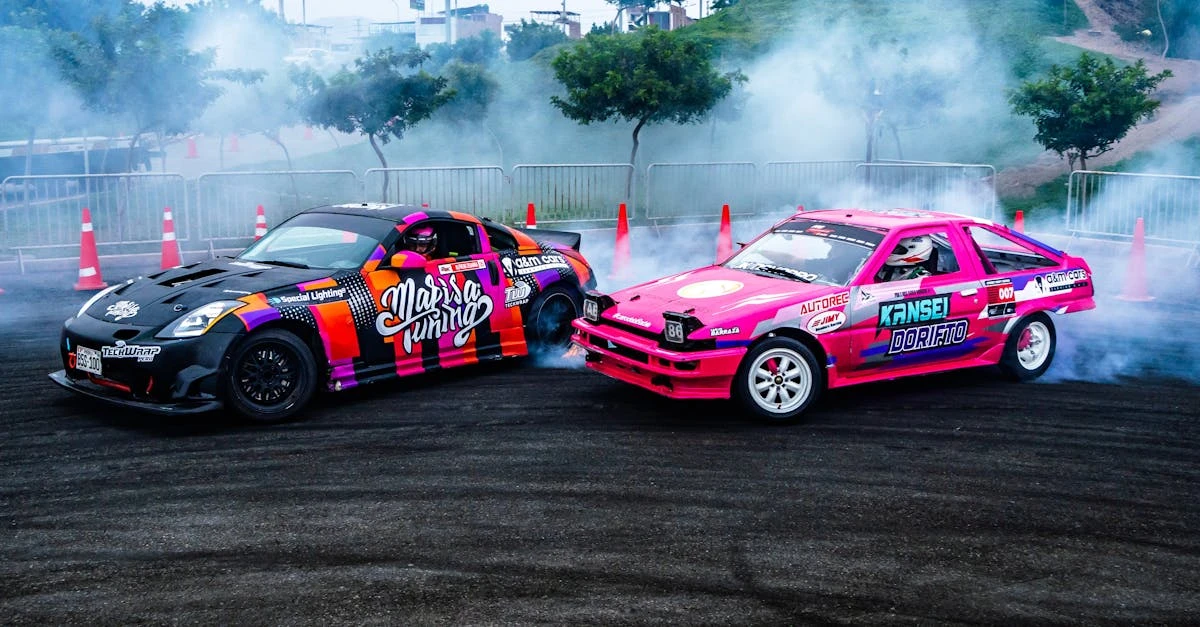 Two drift cars in a full tandem battle — chase car close to lead's rear quarter with tire smoke pouring